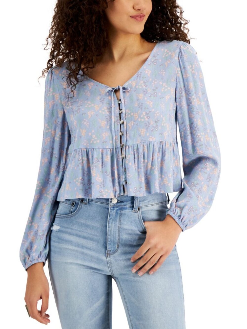 Self Esteem Juniors Floral-Print Woven Peplum Top